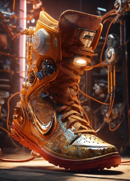 Photo nike sneakers made out gears wires mechanical electronics pcb hyperrealis futurist stunnin