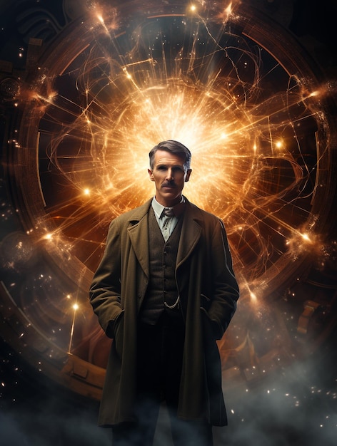 Nikola Tesla met lichte kosmische achtergrond