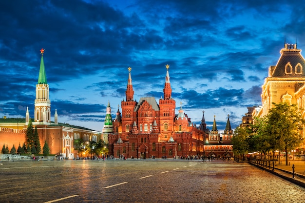 Nikolskaya Tower of the Moscow Kremlin, the Historical Museum under evening clouds