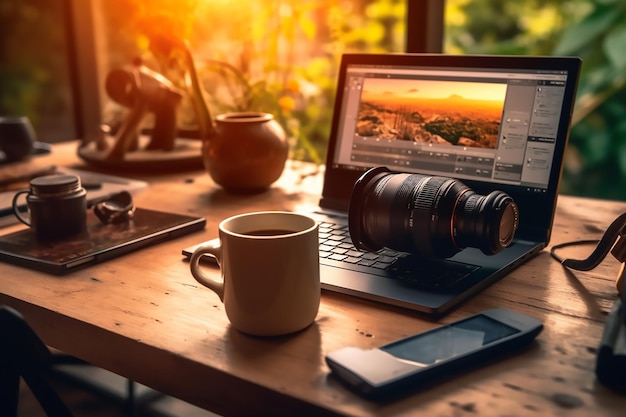 Nikon-camera op een tafel met de lens en de beker