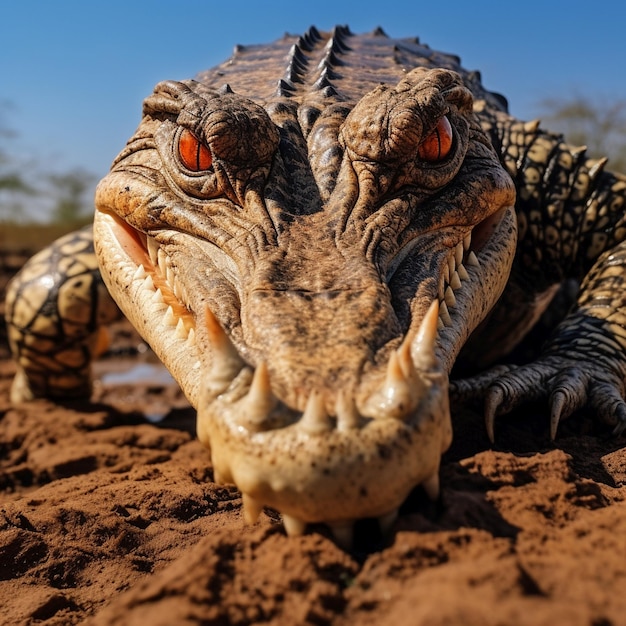 Nile crocodile sniffing the camera face portrait