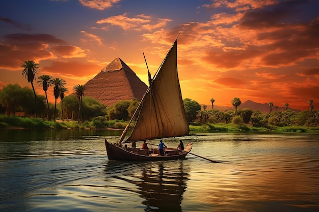 Nile's Tranquility Pyramids Sphinx en het dagelijkse Egyptische leven in de schemering