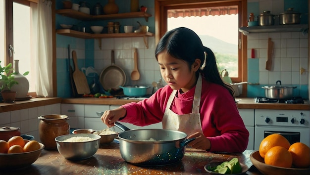 Photo nina asiatica aprendiendo a cocinar con su abuela en una cocina tradicional