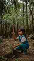 Photo nina del medio oriente plantando un arbol en evento de reforestacion