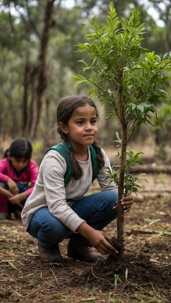 Photo nina del medio oriente plantando un arbol en evento de reforestacion