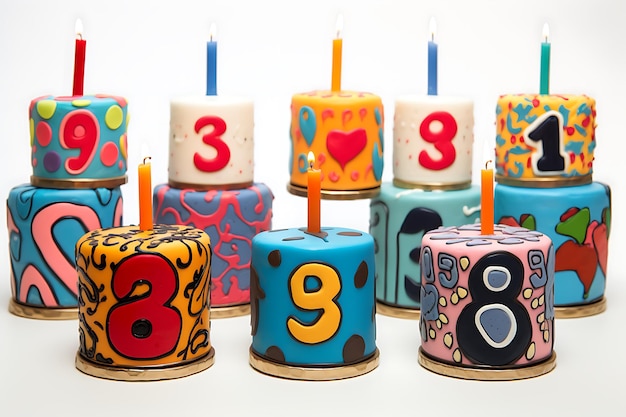 Nine birthday cakes