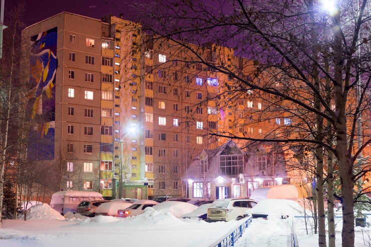 Фотография девятиэтажный дом, машины во дворе, магазинчик. ночной город.