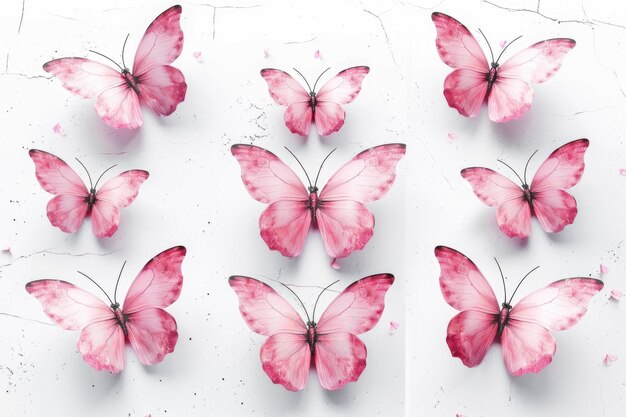 Photo nine pink butterflies on white background