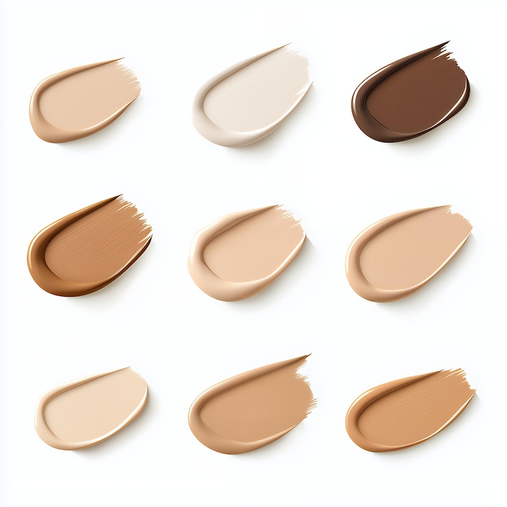 Photo nine swatches of foundation makeup in various skin tones isolated on white