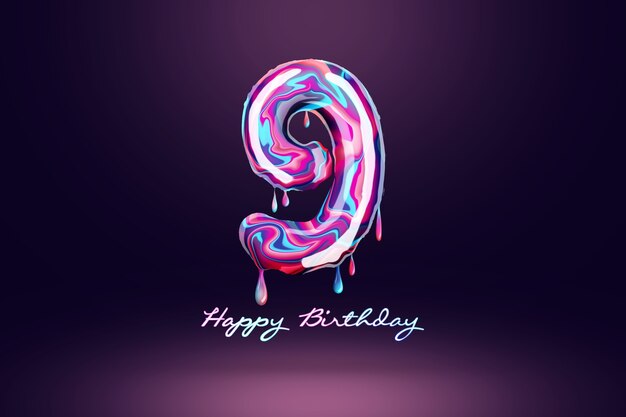 Sfondo di nove anni di anniversario, numero di caramelle rosa su sfondo scuro. concetto per sfondo di buon compleanno, modello di brochure, festa, poster. illustrazione 3d, rendering 3d.