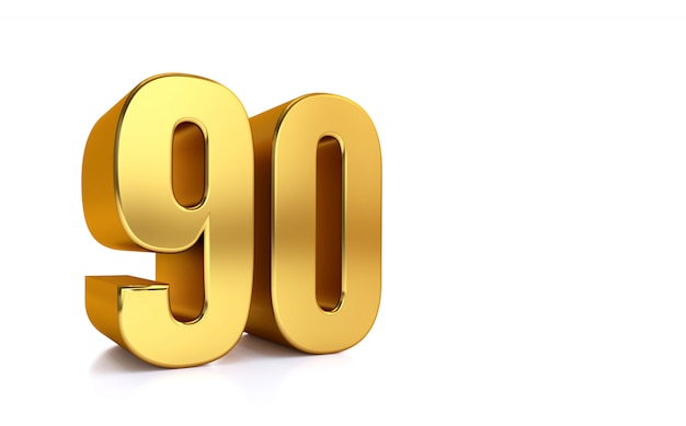 ninety, 3d illustration golden number 90 on white and copy space on right hand side for text