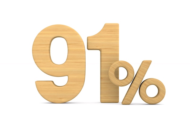 Ninety one percent on white background. Isolated 3D illustration