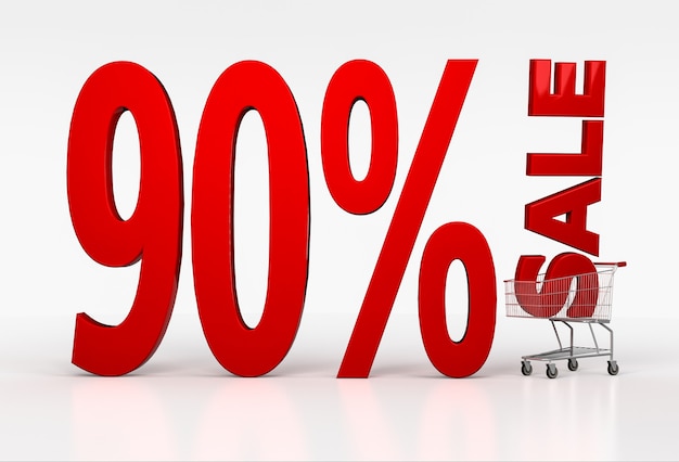 Ninety percent off discount sign in shopping cart on white. 3D render