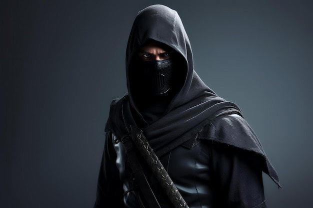 Photo ninja in black dress with sword and mask on dark background