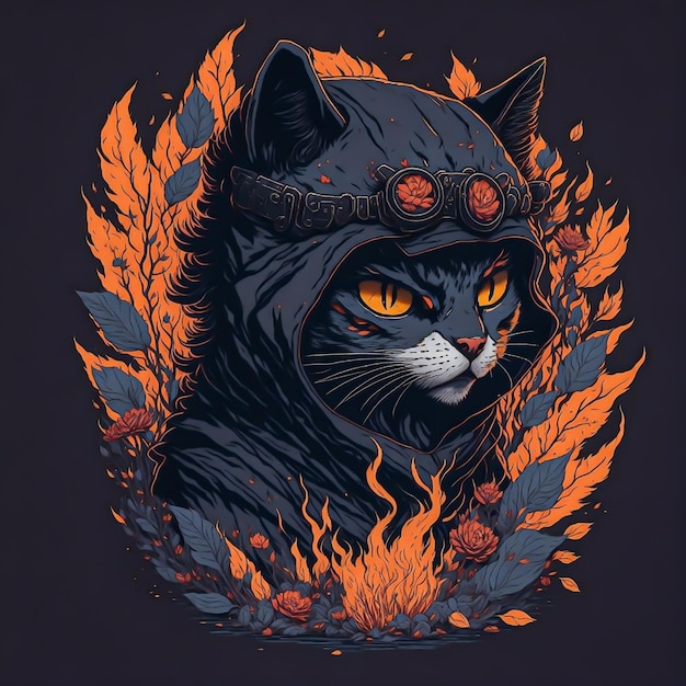 Photo a ninja cat face detailed fire illustration