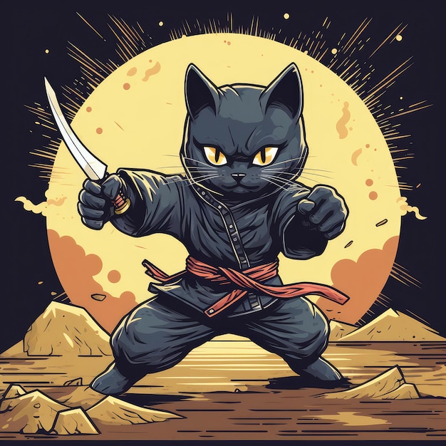 Ninja Cat Historische oude foto De kat is een meester van Wushu Gevaarlijke Oosterse krijger kat Generatieve AI illustratie