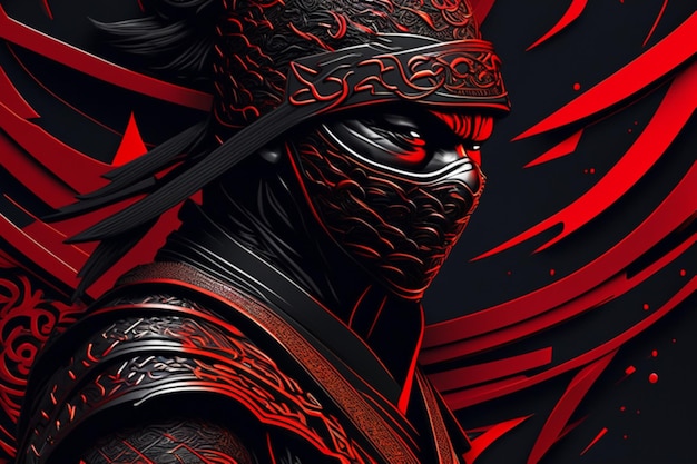 아트스테이션에서 트렌드되는 흑색과 빨간색의 그림을 그린 닌자 (NINJA) 의 상세한 완벽한 컴포지션 라인