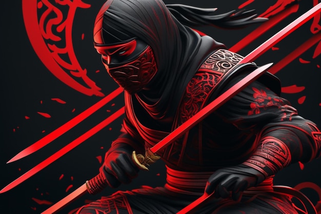 NINJA detailed perfect compositionline graphic black and red colors trending on artstation