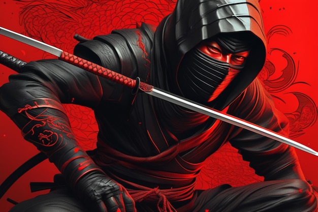 Ninja detailed perfect compositionline graphic black and red colors trending on artstation