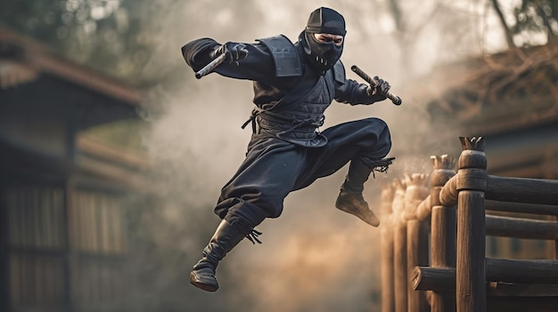 Ninja die door de lucht springt met een zwaard in de hand