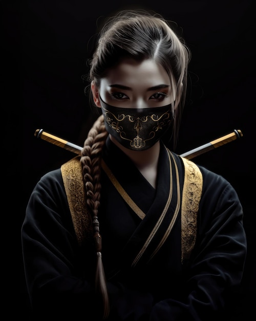 Ninja girl in a black mask on a shady background