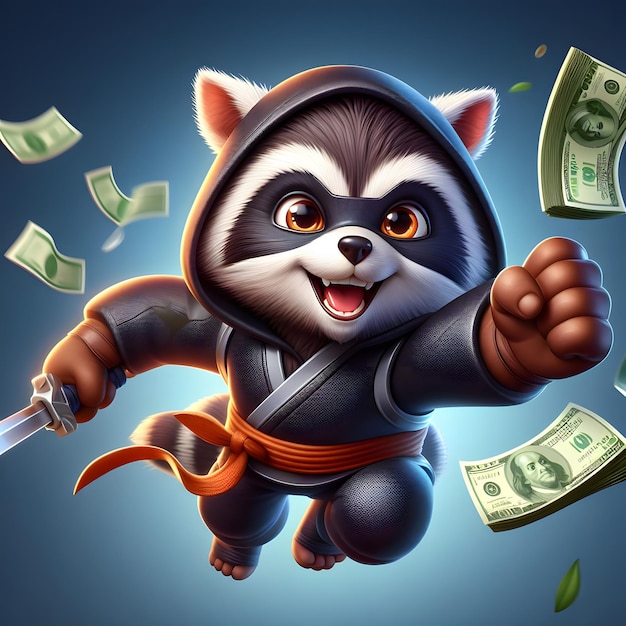 Photo ninja raccoon frenzy slot game character with white plain background
