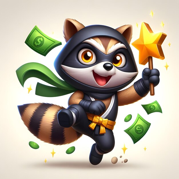 Photo ninja raccoon frenzy slot game character with white plain background