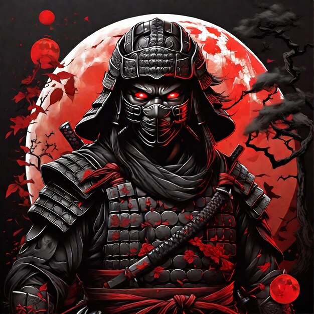 Samurai ninja con la luna rossa sullo sfondo