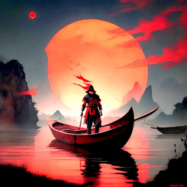 A Ninja Stands In a Boat Dark Night Art