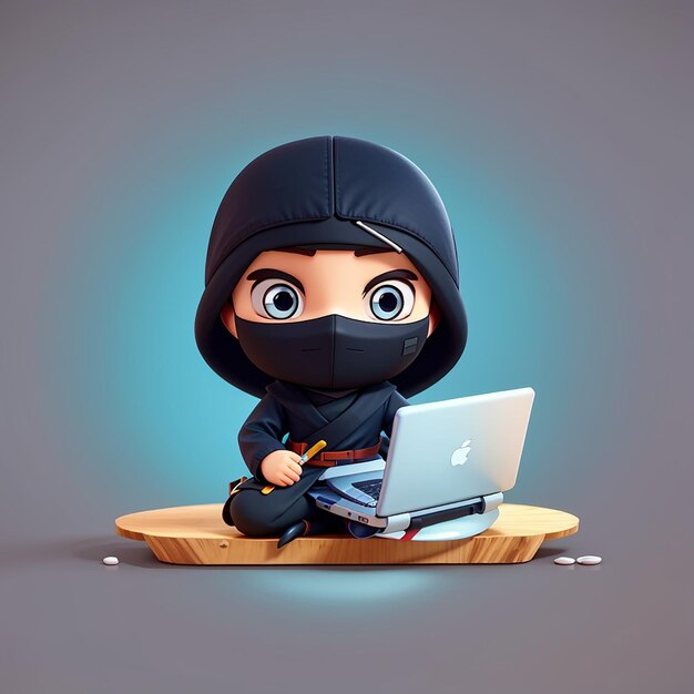 Ninja werkt aan een laptop cartoon vector icoon illustratie mensen technologie icoon geïsoleerd plat