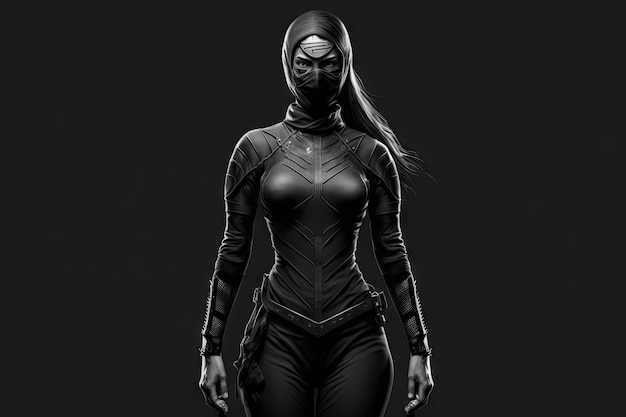 Ninja woman in full bodysuit isolated black background