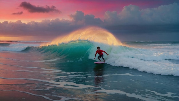 Nino australiano practicando surf en la playa al amanecer con tabla de surf colorida (ニノ・オーストラリアン) は,オーストラリアの海辺でサーフを練習している.