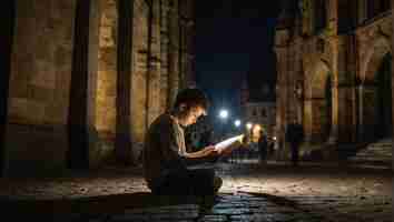 Photo nino europeo en praga leyendo bajo la luz de un farol antiguo por la noche