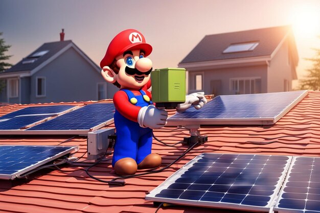 Photo a nintendo character stands on top of a roof adorned with solar panels embracing renewable energy