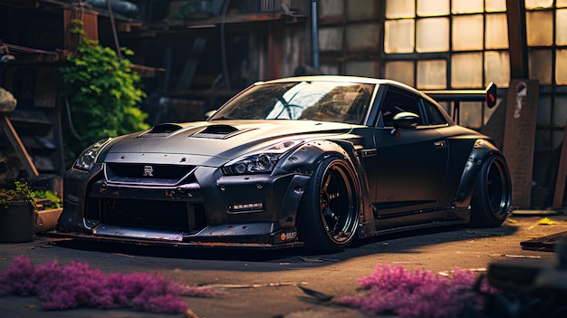 nissan gtr car parked in a garage with a lot of flowers ai generated