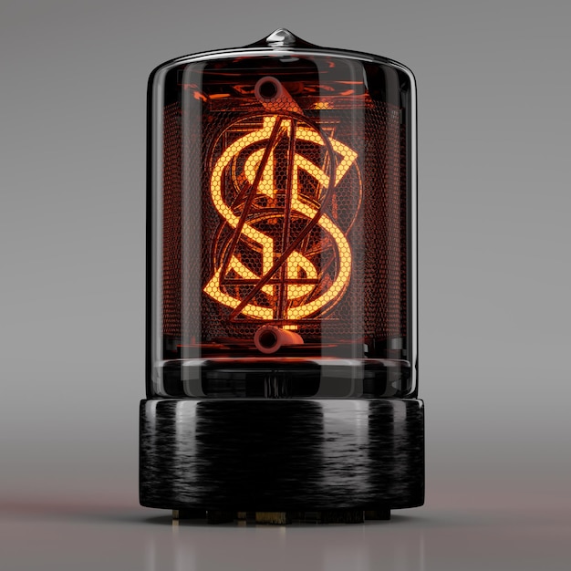 Nixie buis indicator close-up dollarteken neutraal grijs, retro-stijl. 3D-rendering