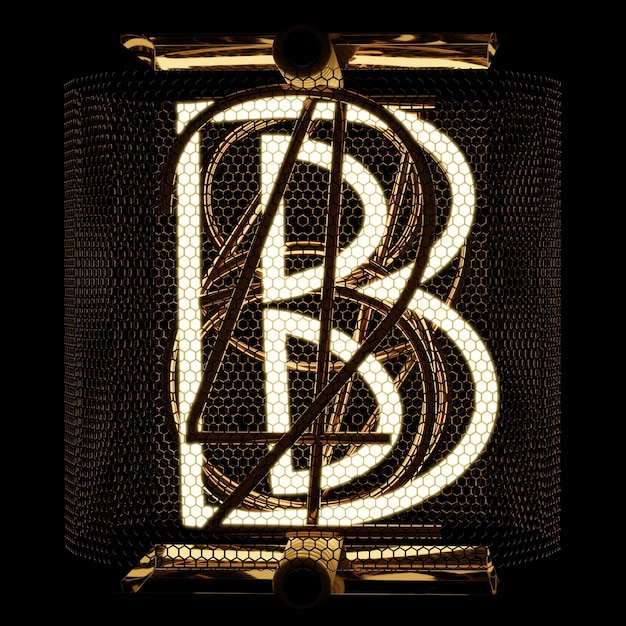 Nixie buis indicator close-up letter B Retro stijl alfabet op zwarte achtergrond 3D-rendering