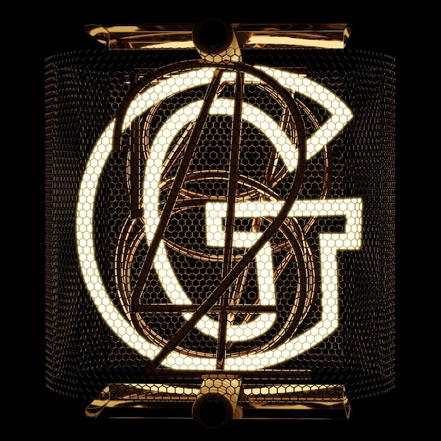 Nixie buis indicator close-up letter G Retro stijl alfabet op zwarte achtergrond 3D-rendering