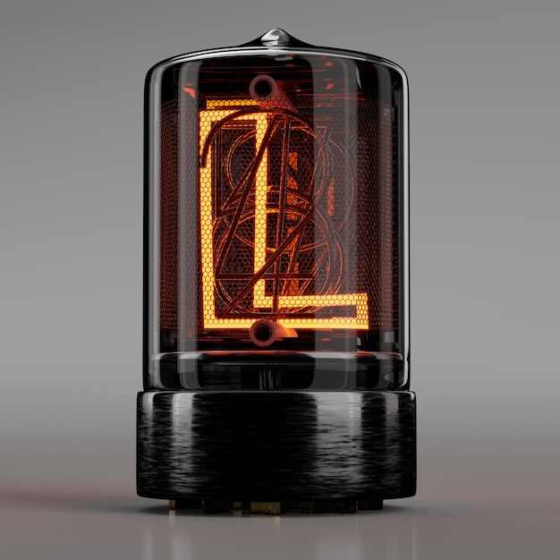 Nixie buis indicator close-up letter L Retro-stijl alfabet op neutraal grijs. 3D-rendering