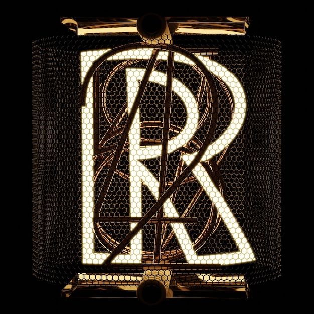 Foto nixie buis indicator close-up letter r retro stijl alfabet op zwarte achtergrond 3d-rendering