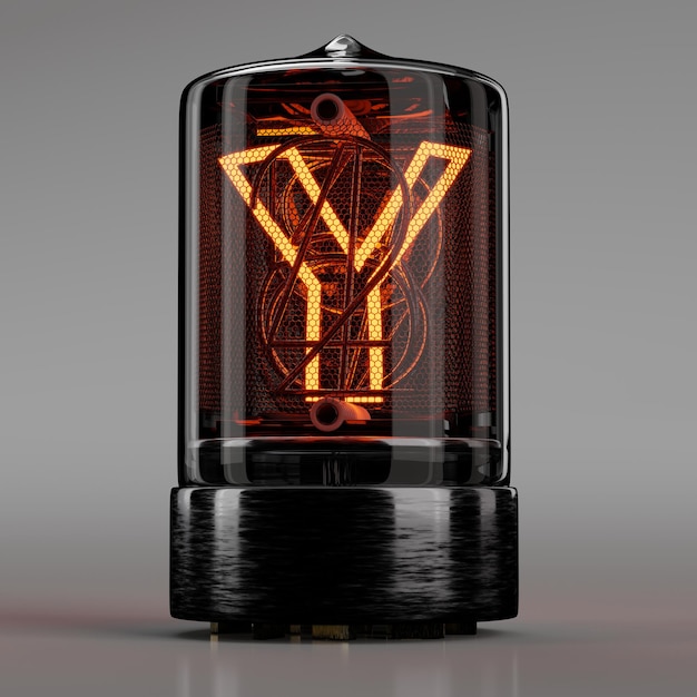 Foto nixie buis indicator close-up letter y retro-stijl alfabet op neutraal grijs. 3d-rendering