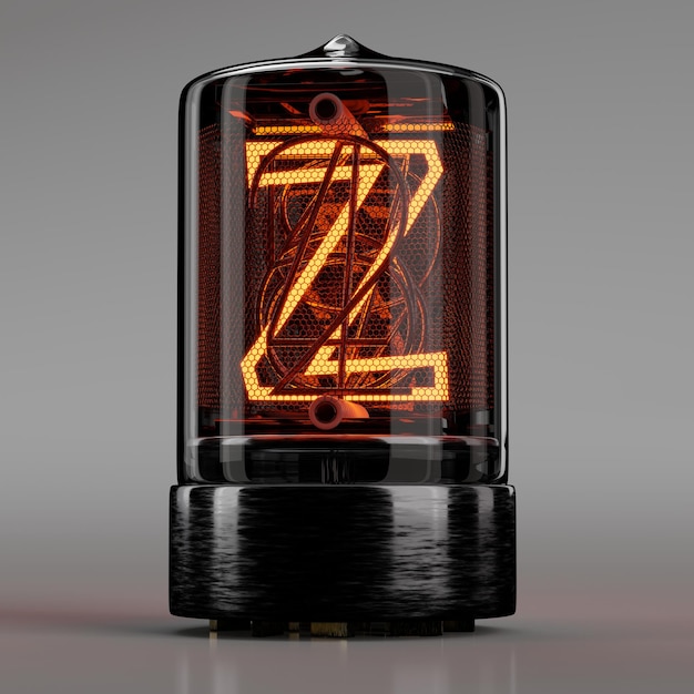 Foto nixie buis indicator close-up letter z retro-stijl alfabet op neutraal grijs. 3d-rendering