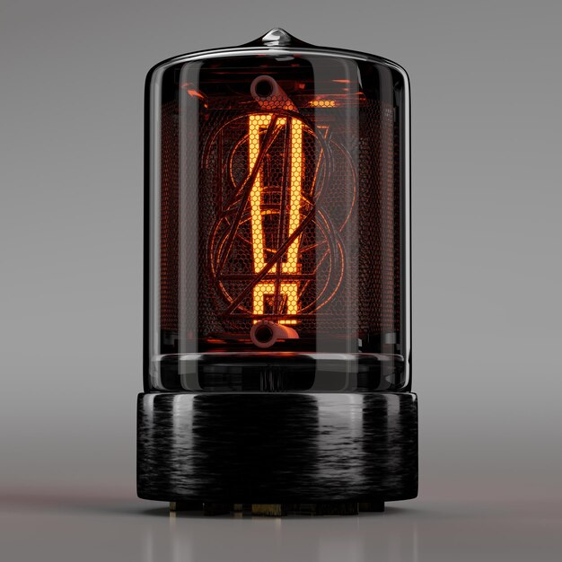 Foto nixie buis indicator close-up uitroepteken op neutraal grijs, retro-stijl 3d-rendering