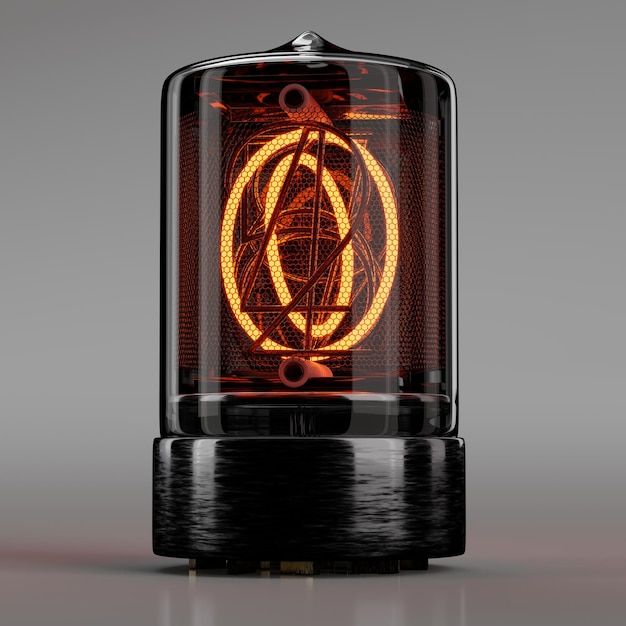 Фото Индикатор nixie tube крупным планом цифра 0 девять чисел в стиле ретро на нейтрально-сером 3d-рендеринге