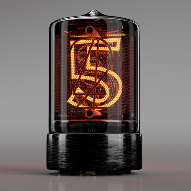 Индикатор Nixie tube крупным планом цифра 5 пять чисел в стиле ретро на нейтрально-сером 3D-рендеринге