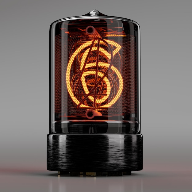 Nixie tube indicator closeup digit 6 nine Retro style numbers on neutral gray 3D rendering