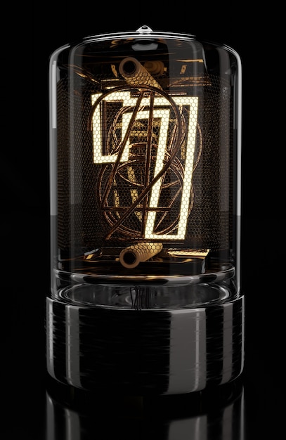 Nixie tube indicator closeup digit 7  seven Retro style numbers on black background 3D rendering