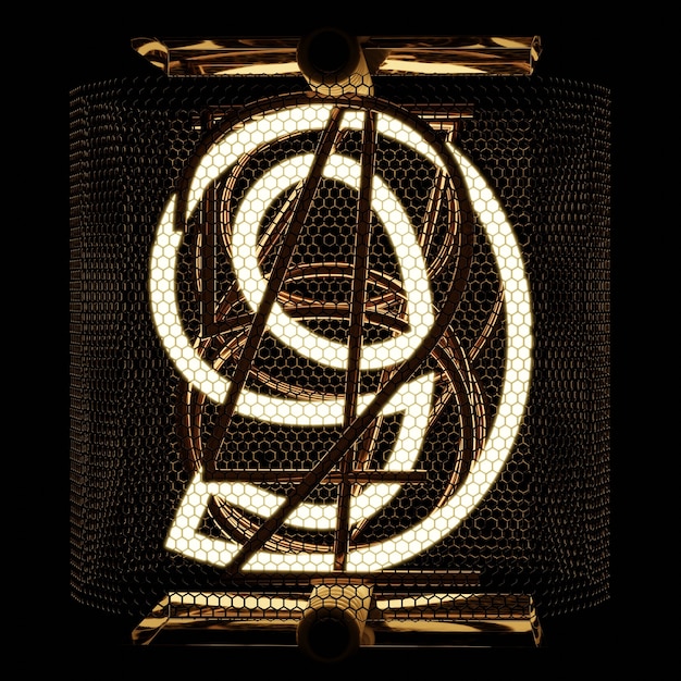 nixie tube indicator closeup digit 9  nine retro style numbers on black background 3d rendering