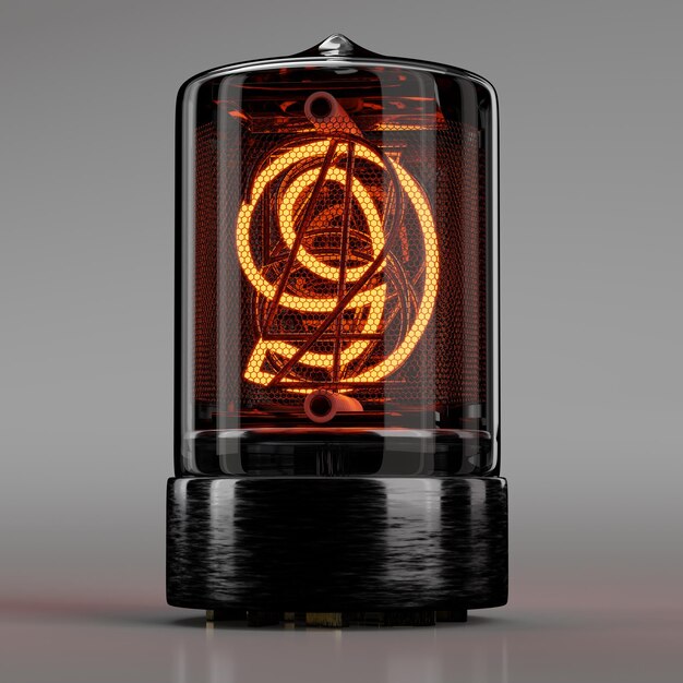 Nixie tube indicator closeup digit 9 nine Retro style numbers on neutral gray. 3D rendering