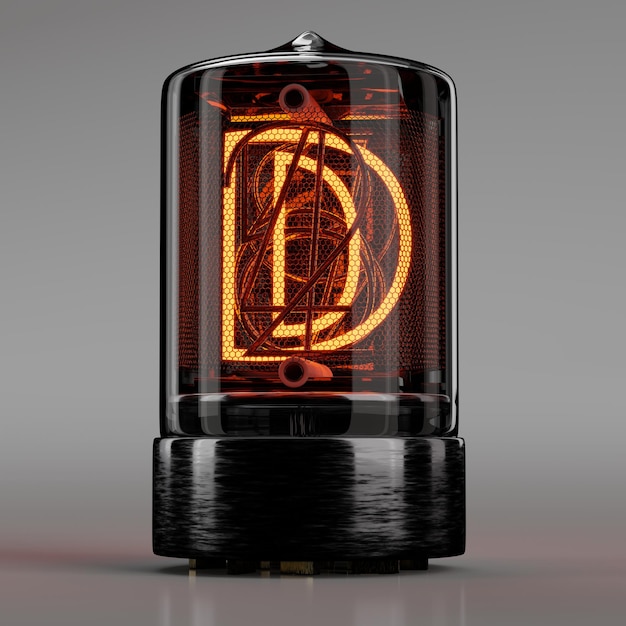 Nixie tube индикатор крупным планом буква D в стиле ретро алфавит на нейтральном сером. 3D рендеринг